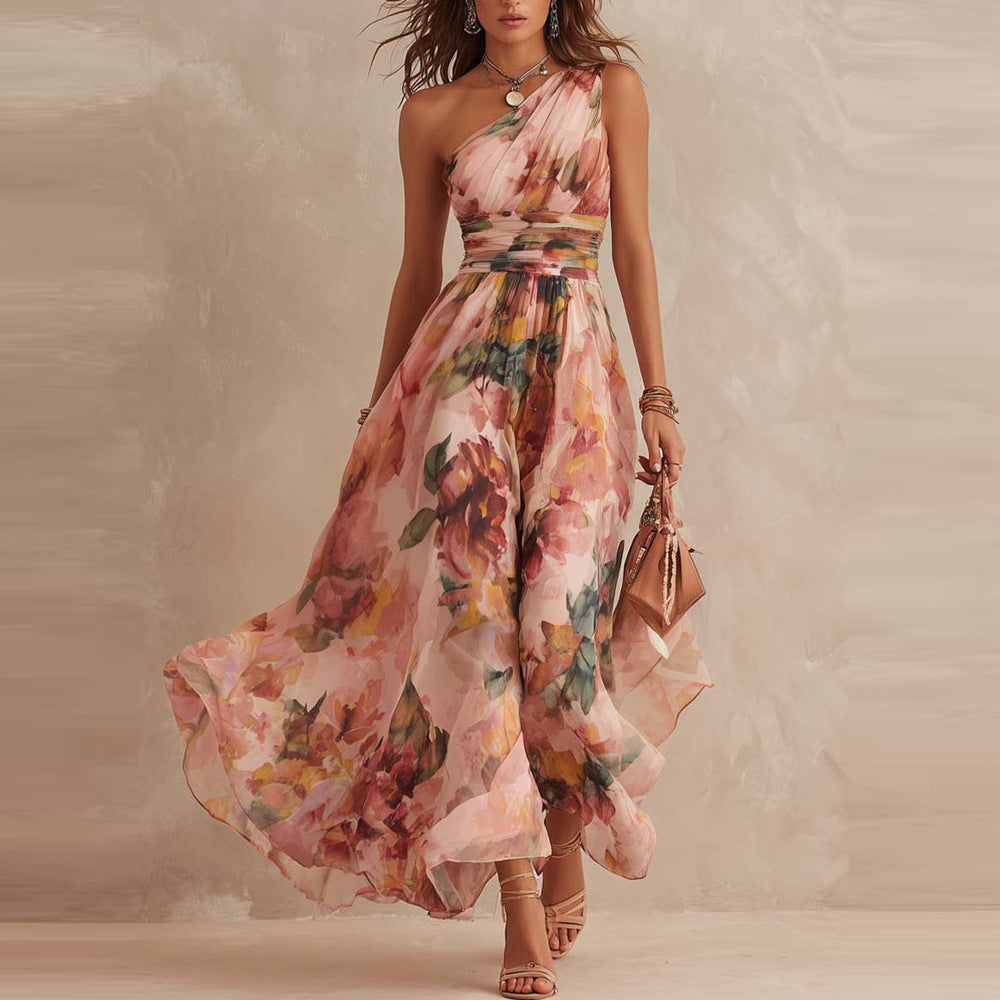 Alisa - Vestido largo de un hombro con estampado floral