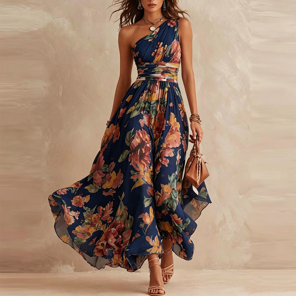 Alisa - Vestido largo de un hombro con estampado floral