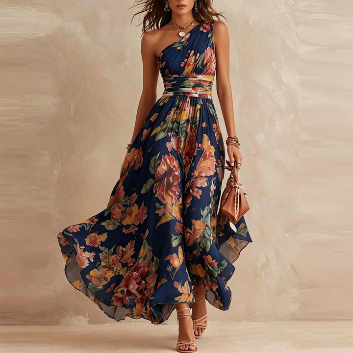 Alisa - Vestido largo de un hombro con estampado floral