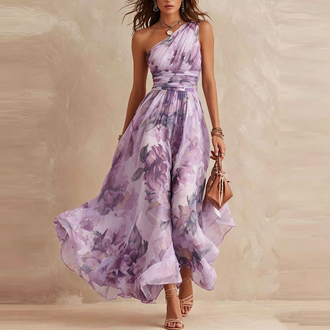 Alisa - Vestido largo de un hombro con estampado floral