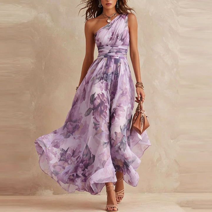 Alisa - Vestido largo de un hombro con estampado floral