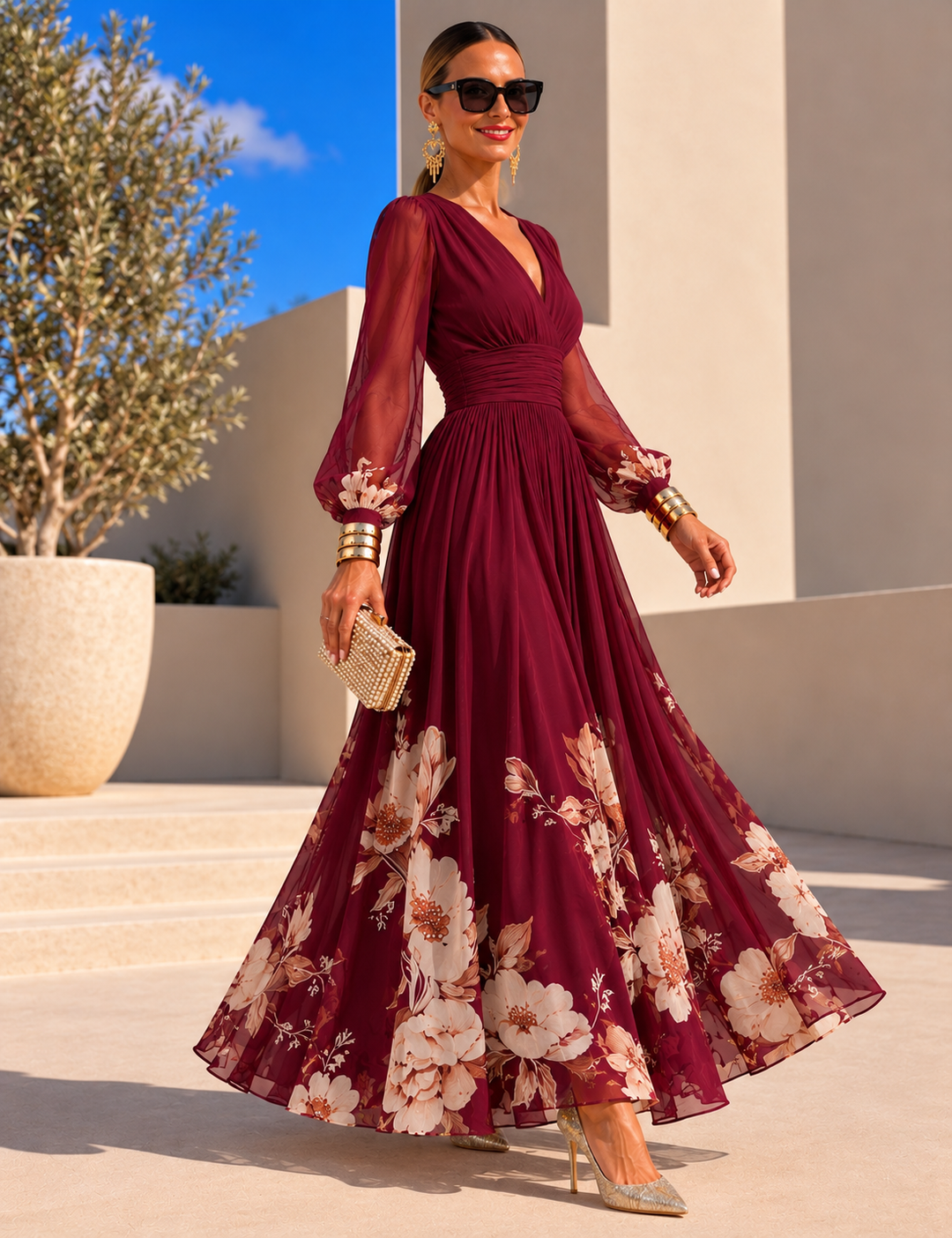 Pirelle - Vestido largo floral con cintura marcada