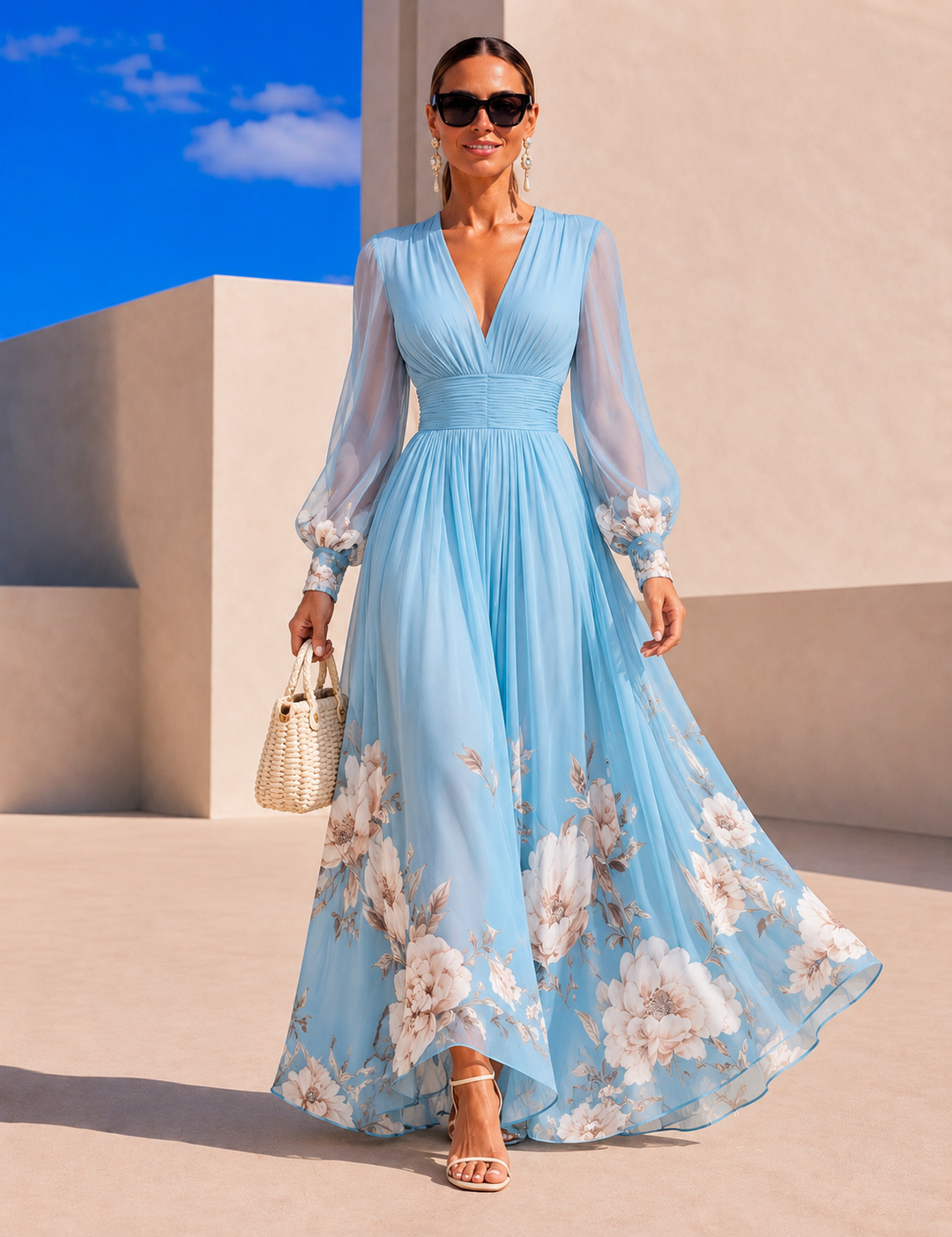 Pirelle - Vestido largo floral con cintura marcada