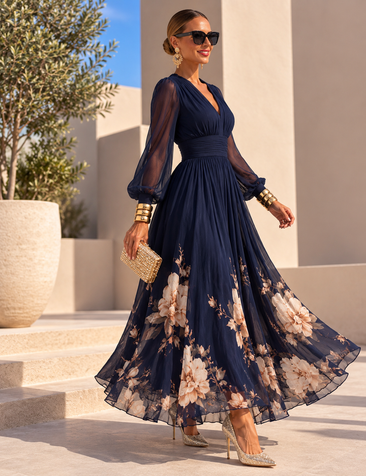 Pirelle - Vestido largo floral con cintura marcada