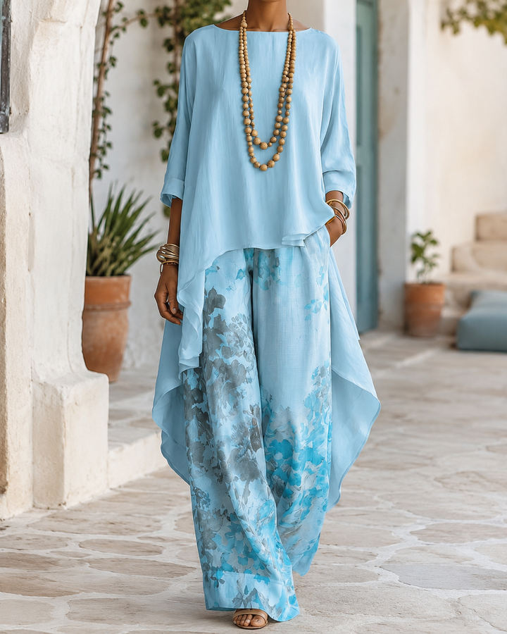 Anwyn - Conjunto de top de gasa con capas y pantalón de pierna ancha