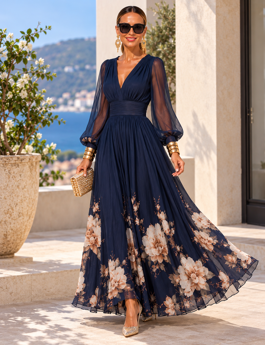 Pirelle - Vestido largo floral con cintura marcada
