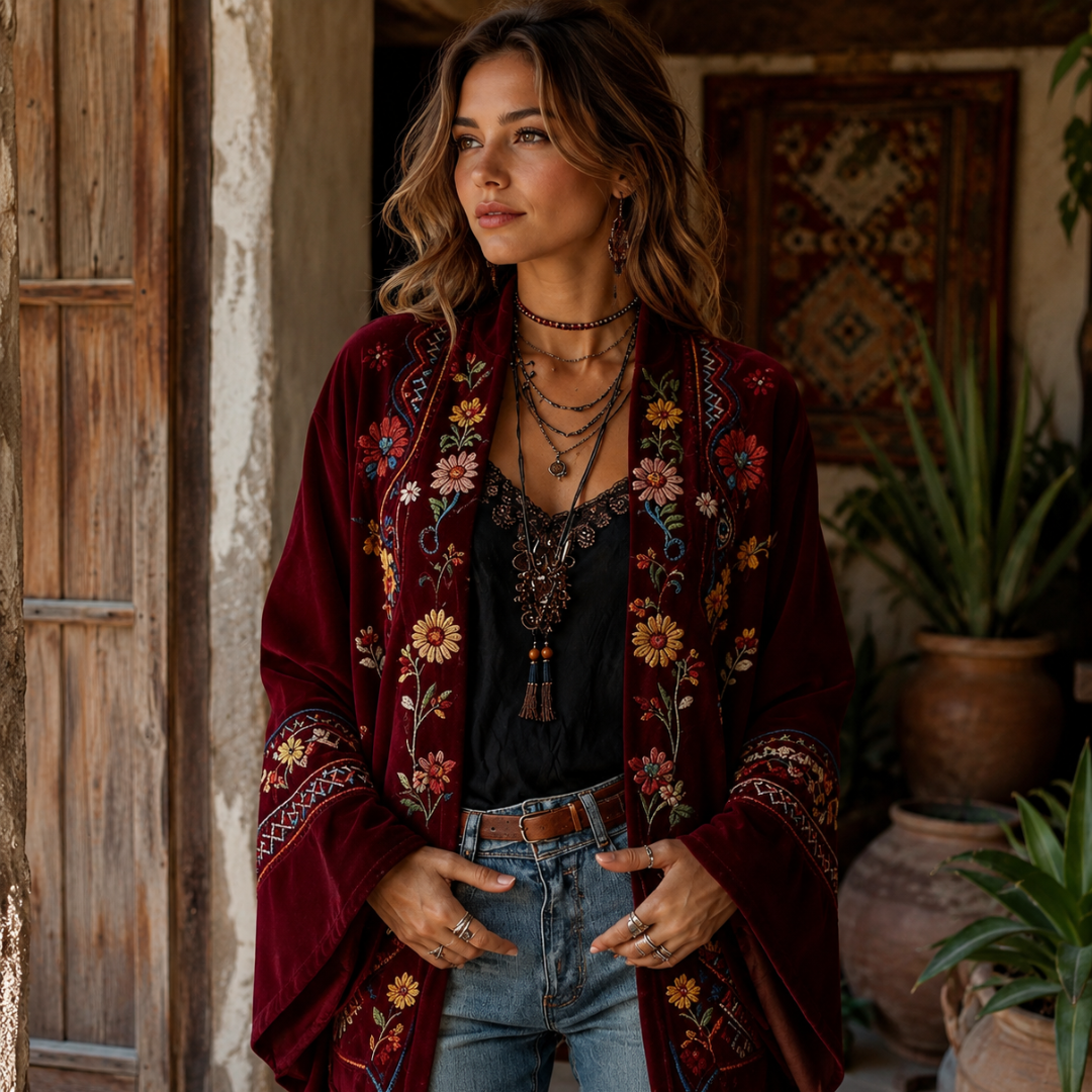 Eudocia - Cárdigan tipo kimono bordado boho