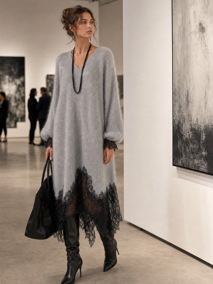 Jiska - Vestido midi con dobladillo de encaje