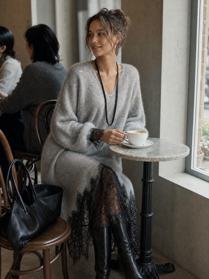 Jiska - Vestido midi con dobladillo de encaje