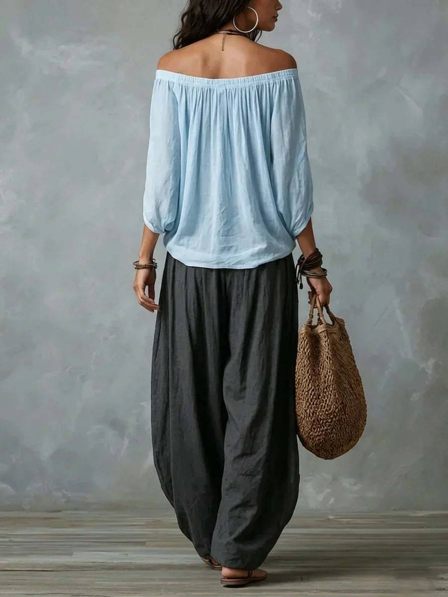 Ottavia - Conjunto de top boho con escote bardot y pantalones harén