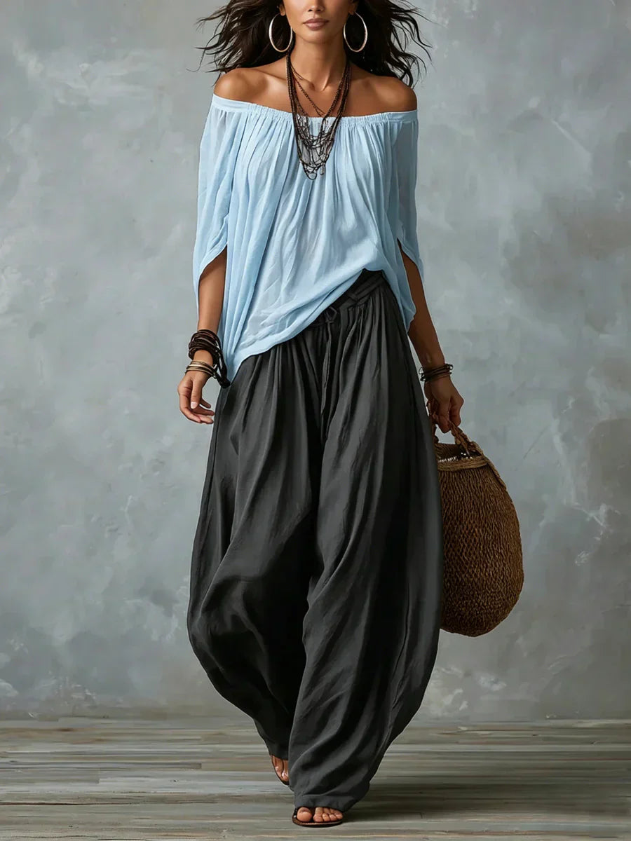 Ottavia - Conjunto de top boho con escote bardot y pantalones harén