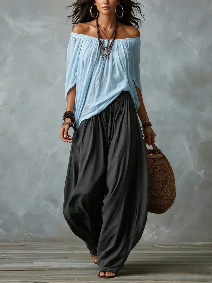 Ottavia - Conjunto de top boho con escote bardot y pantalones harén