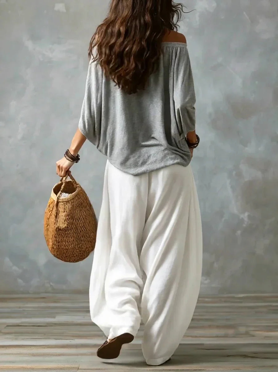 Ottavia - Conjunto de top boho con escote bardot y pantalones harén