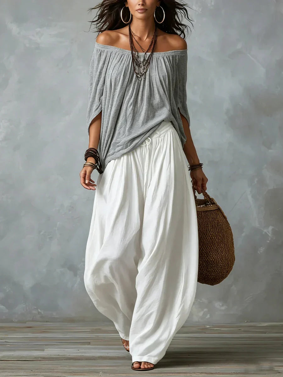 Ottavia - Conjunto de top boho con escote bardot y pantalones harén