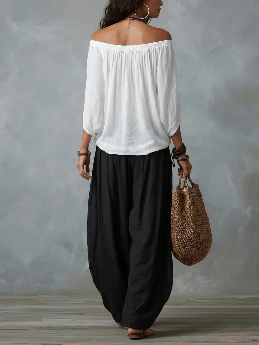 Ottavia - Conjunto de top boho con escote bardot y pantalones harén