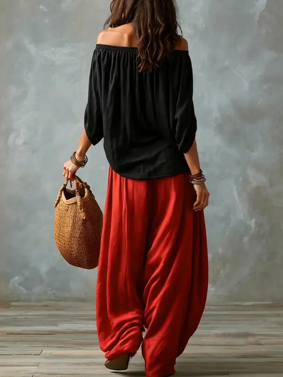 Ottavia - Conjunto de top boho con escote bardot y pantalones harén