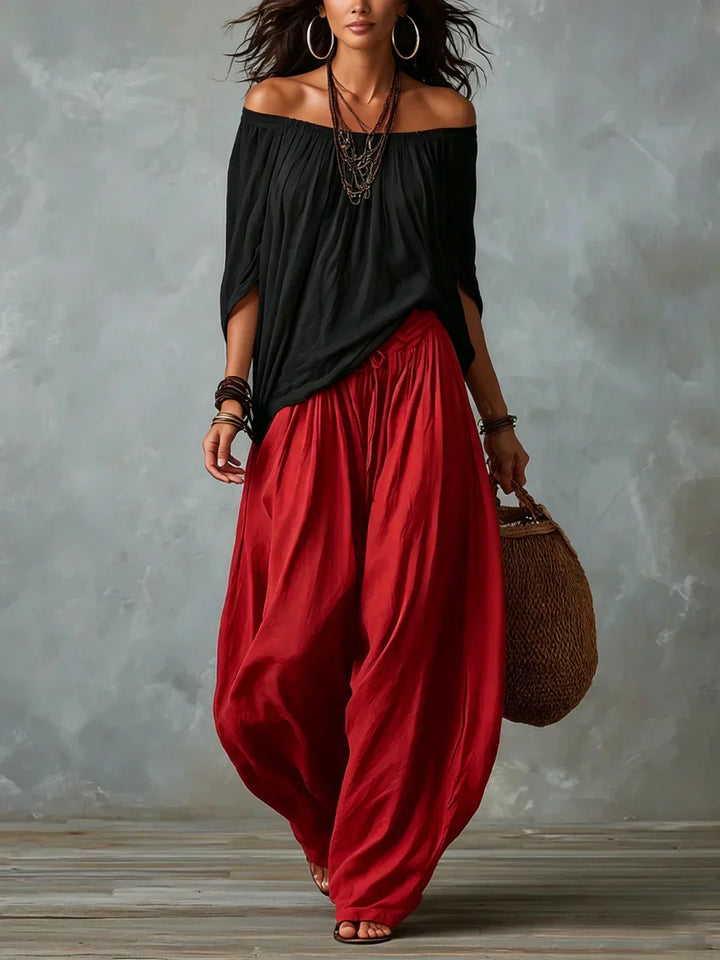 Ottavia - Conjunto de top boho con escote bardot y pantalones harén