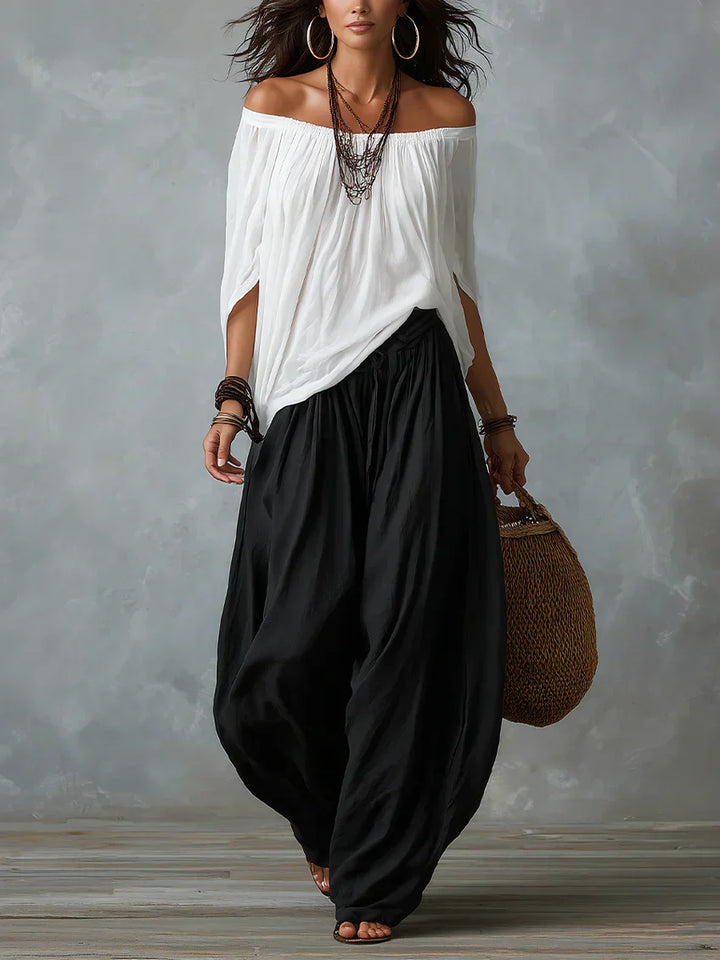 Ottavia - Conjunto de top boho con escote bardot y pantalones harén