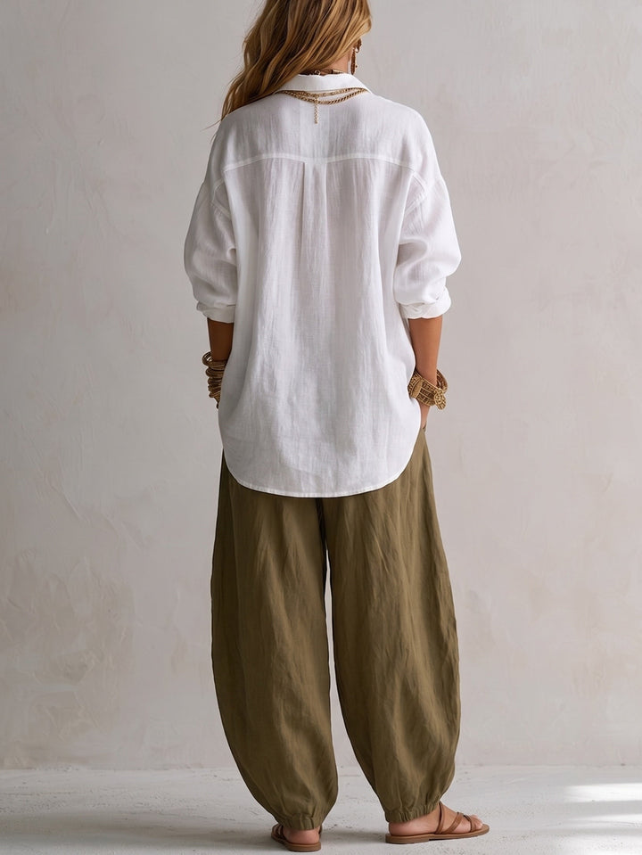 Coravelle - Conjunto de camisa de corte escultórico y pantalón globo