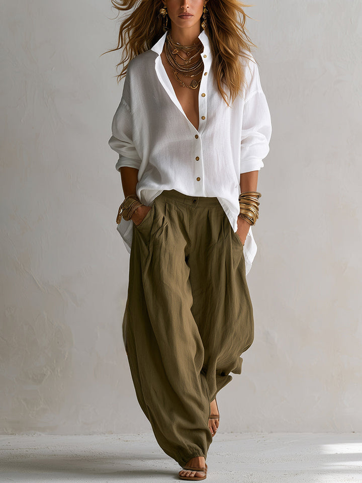 Coravelle - Conjunto de camisa de corte escultórico y pantalón globo