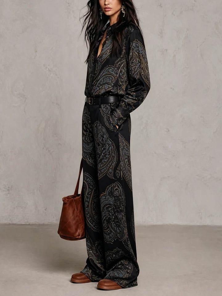 Jessamira - Conjunto de dos piezas sedoso con estampado paisley