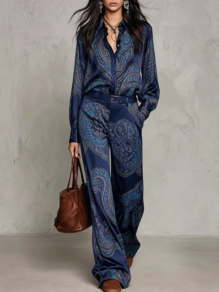 Jessamira - Conjunto de dos piezas sedoso con estampado paisley