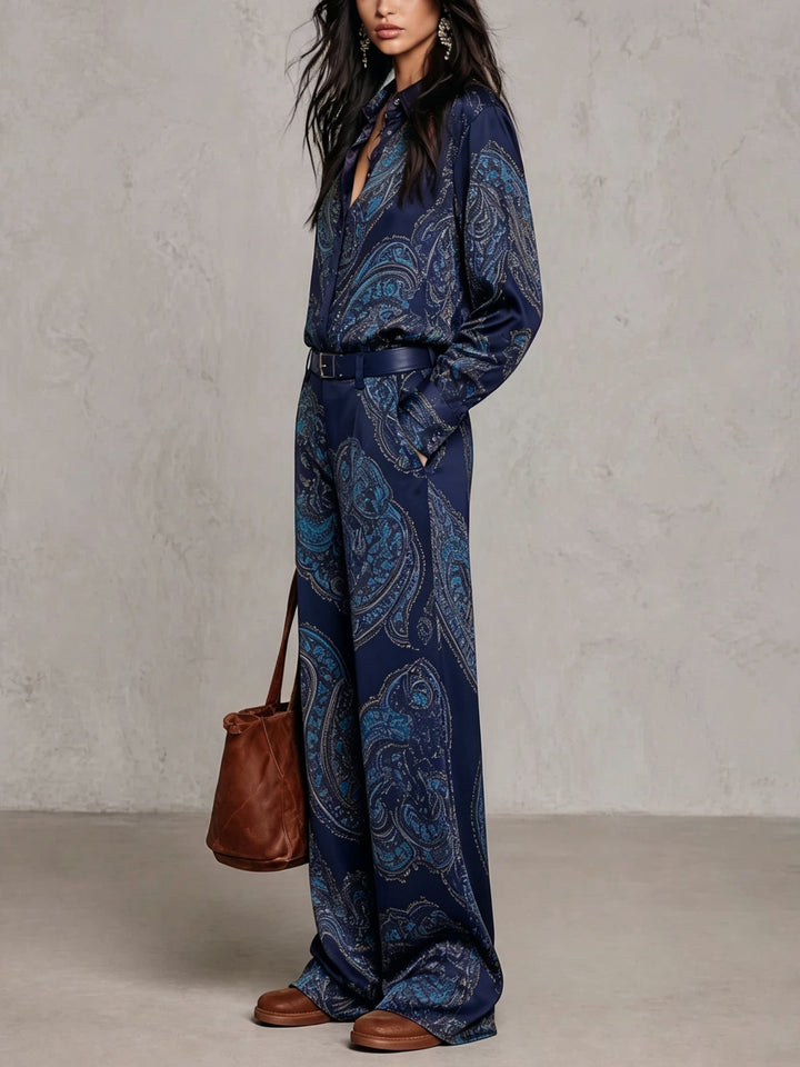 Jessamira - Conjunto de dos piezas sedoso con estampado paisley