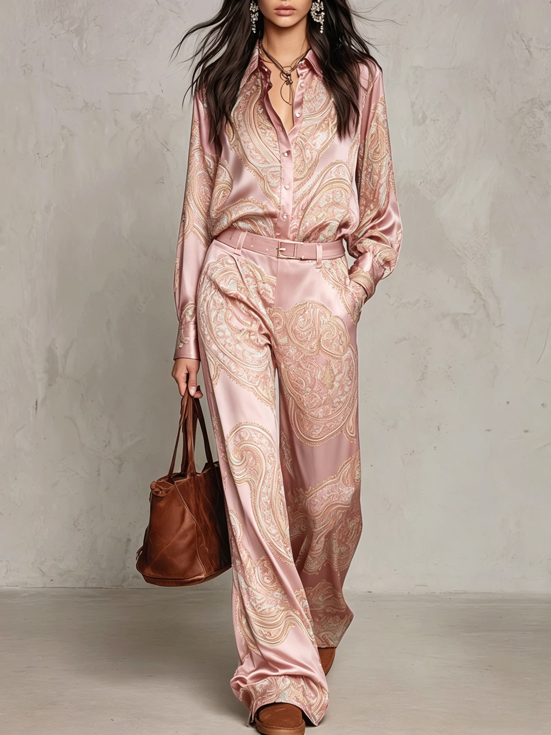 Jessamira - Conjunto de dos piezas sedoso con estampado paisley