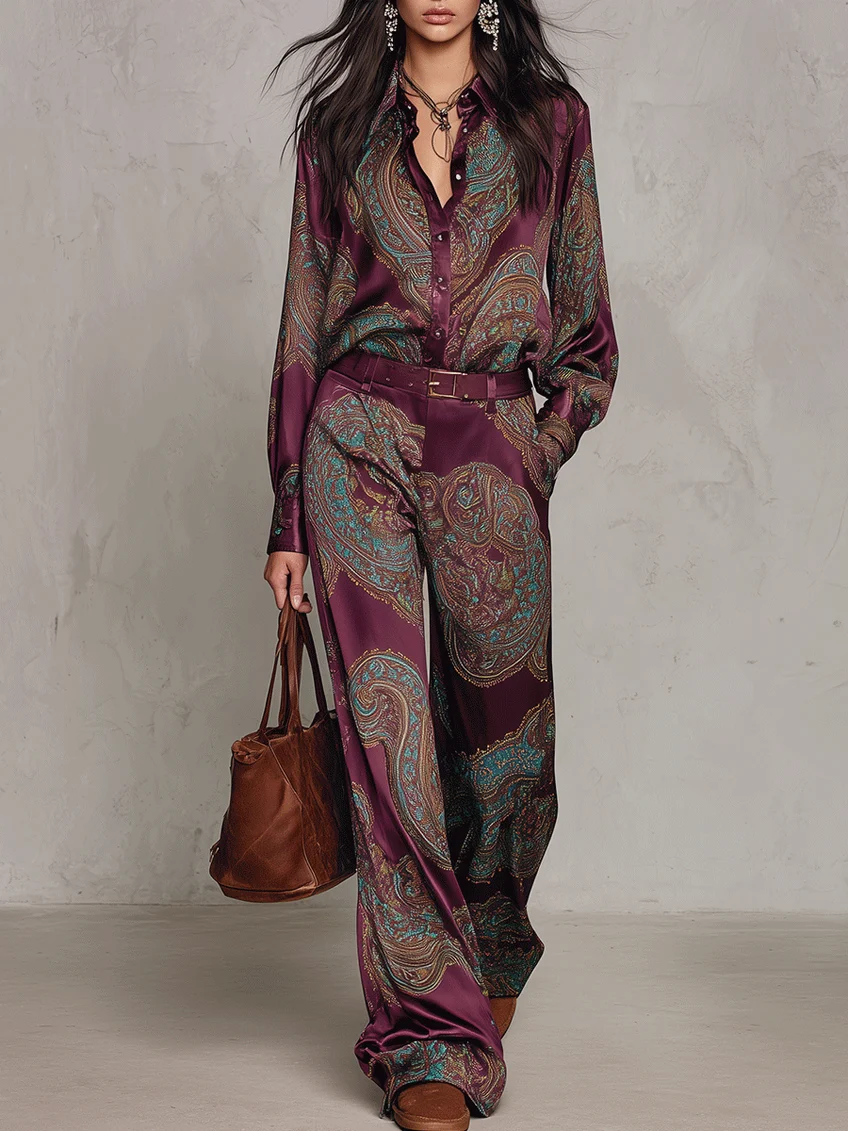 Jessamira - Conjunto de dos piezas sedoso con estampado paisley