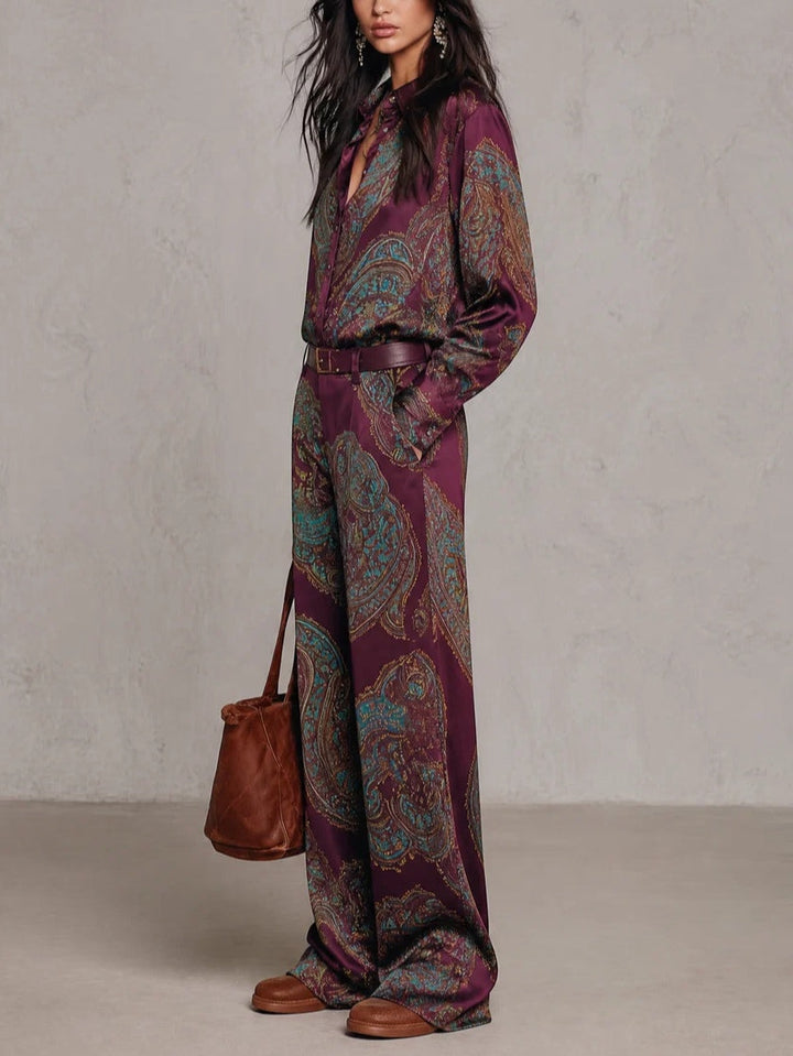 Jessamira - Conjunto de dos piezas sedoso con estampado paisley