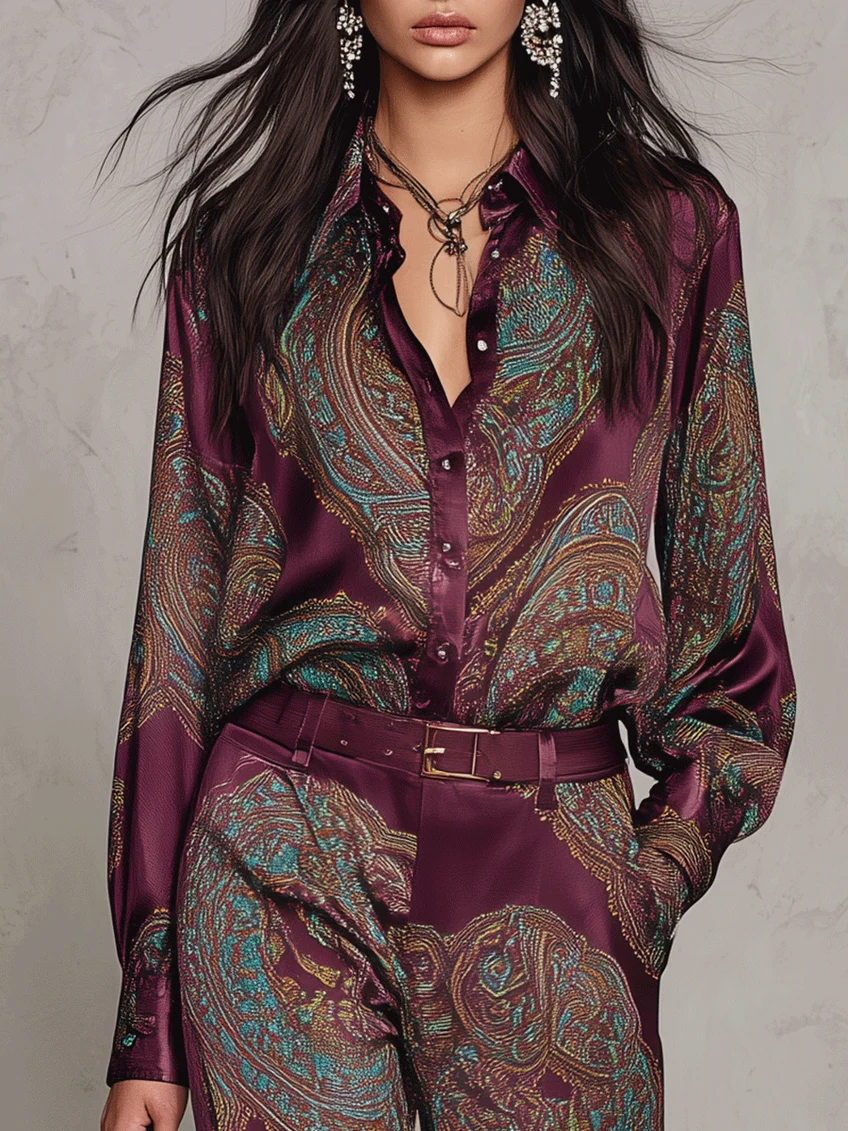 Jessamira - Conjunto de dos piezas sedoso con estampado paisley