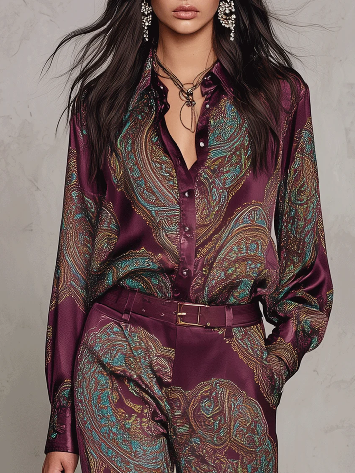 Jessamira - Conjunto de dos piezas sedoso con estampado paisley