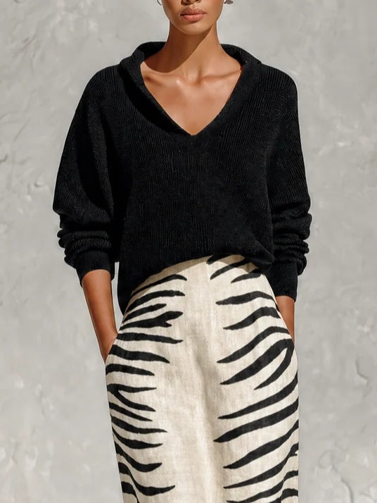 Aelyra - Conjunto de jersey de punto suave y falda midi de lino con estampado de cebra