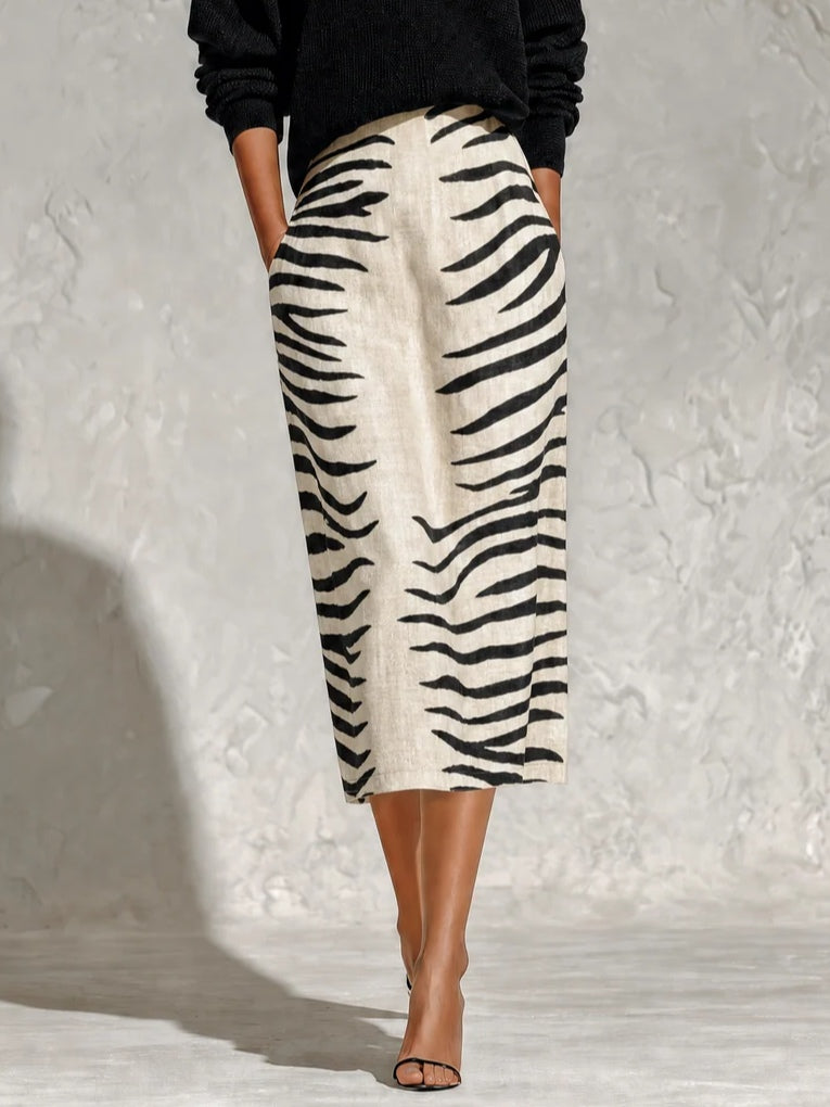 Aelyra - Conjunto de jersey de punto suave y falda midi de lino con estampado de cebra