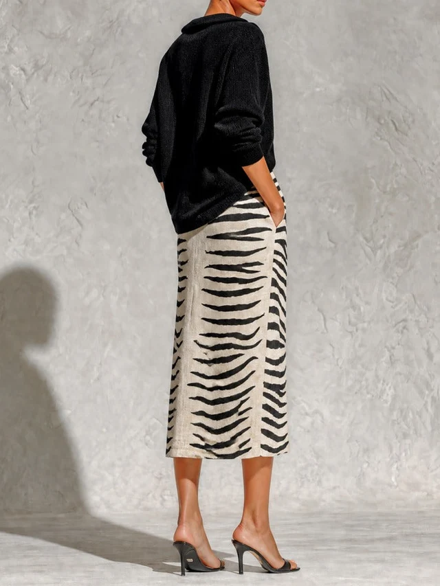 Aelyra - Conjunto de jersey de punto suave y falda midi de lino con estampado de cebra