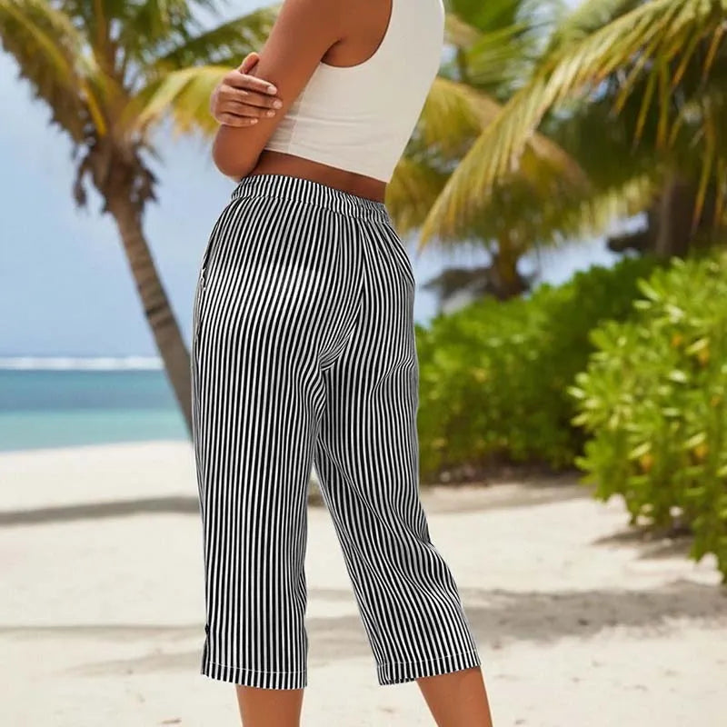 Roselina - Pantalón capri de rayas con cintura ajustable