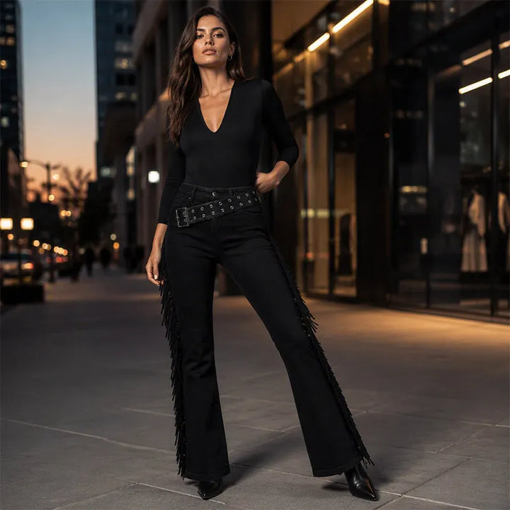 Fiorenne - Pantalones acampanados con flecos de estética western