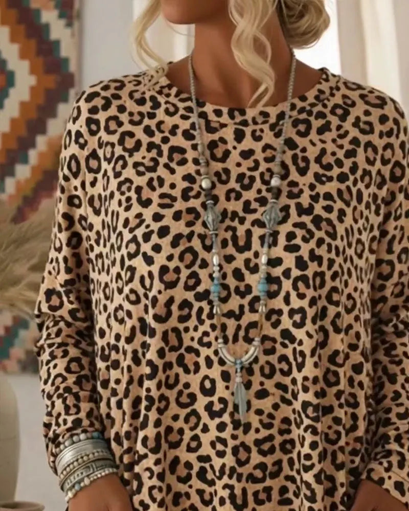 Calivelle - Top de manga larga de tacto suave con estampado de leopardo