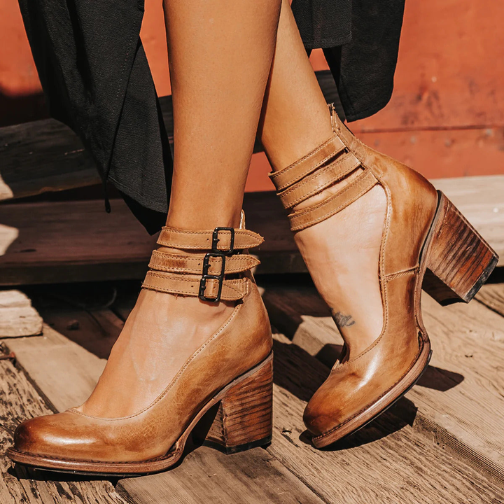 Philomena - Zapatos de tacón de cuero vintage con pulsera al tobillo