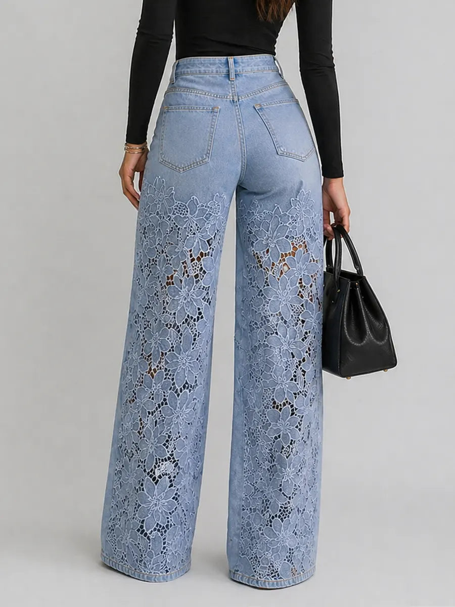 Kaliora - Vaqueros de pernera ancha con encaje floral