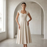 Ysolenne - Vestido midi con escote cuadrado de tacto suave