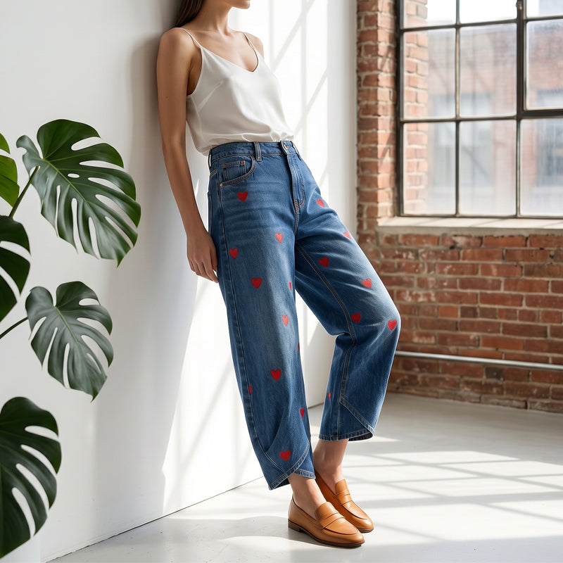 Arabella - Vaqueros de pernera curva con estampado de corazones