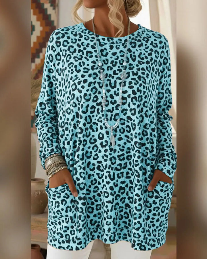 Primelia - Top de manga larga y tacto suave con estampado de leopardo