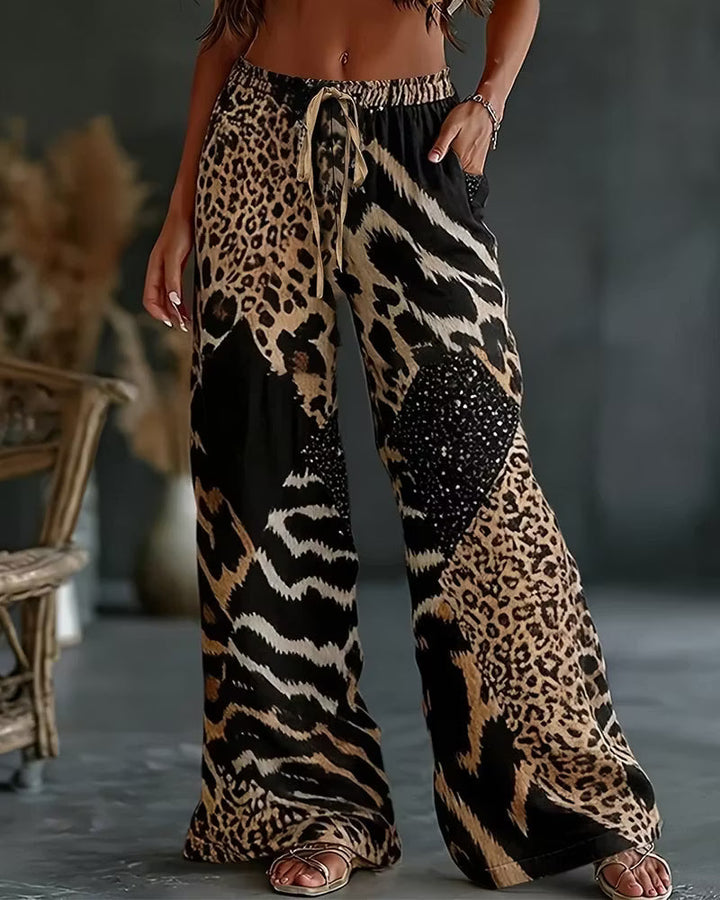 Elfrida - Pantalones de pernera ancha con patchwork de estampado de leopardo de tacto suave