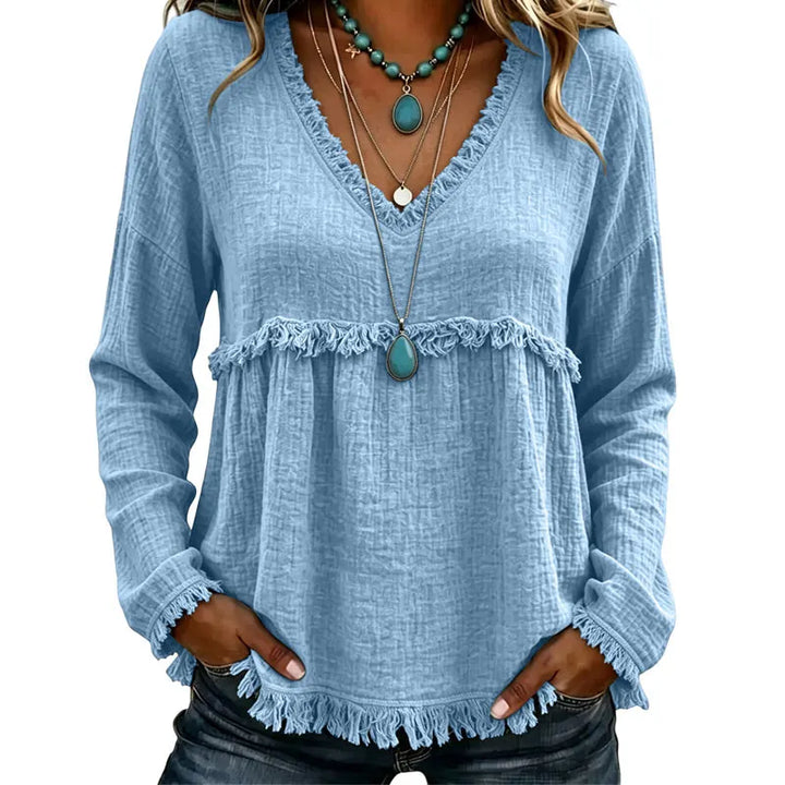 Ariselle - Blusa con escote en V y flecos