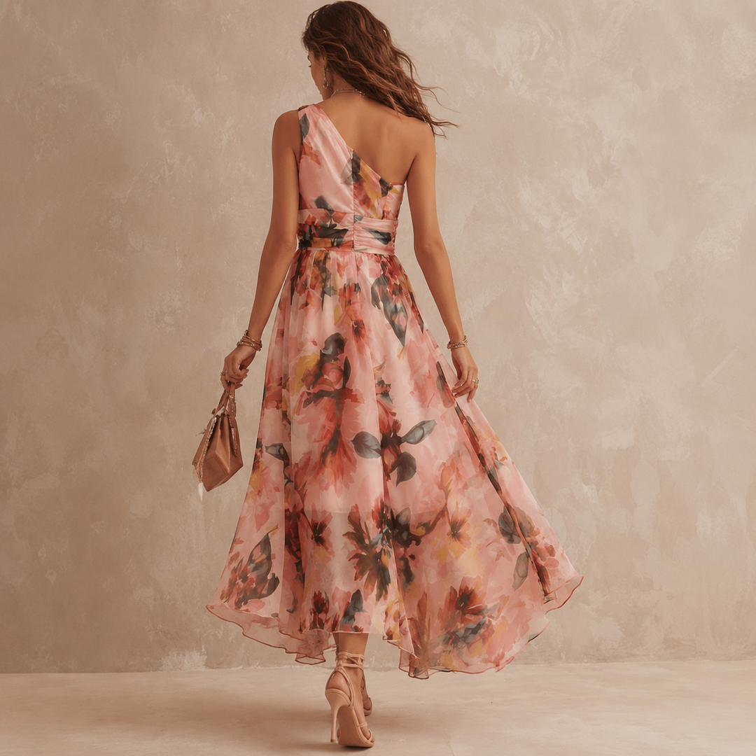 Alisa - Vestido largo de un hombro con estampado floral