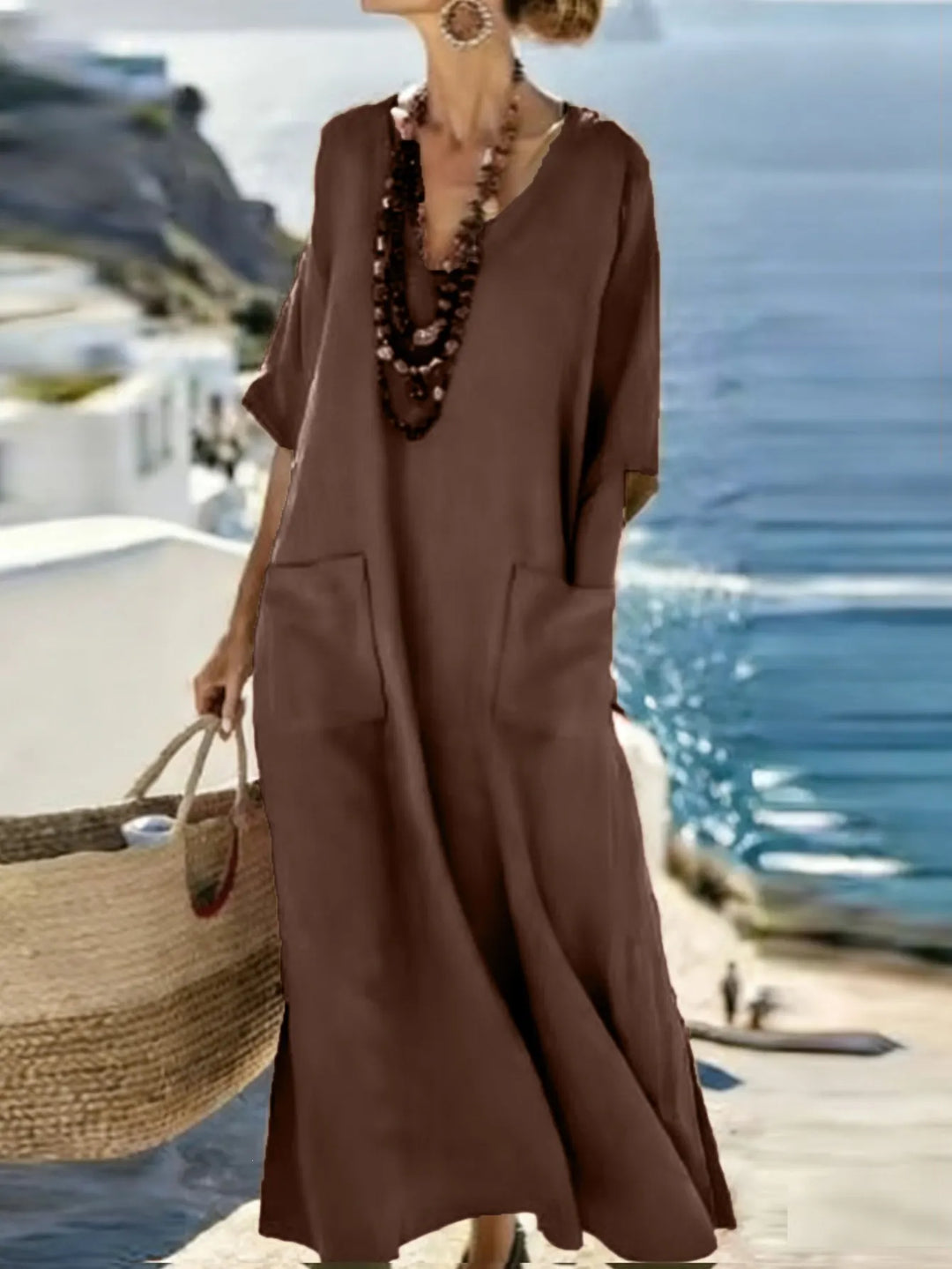 Serenelle - Vestido largo de tacto suave con escote en V