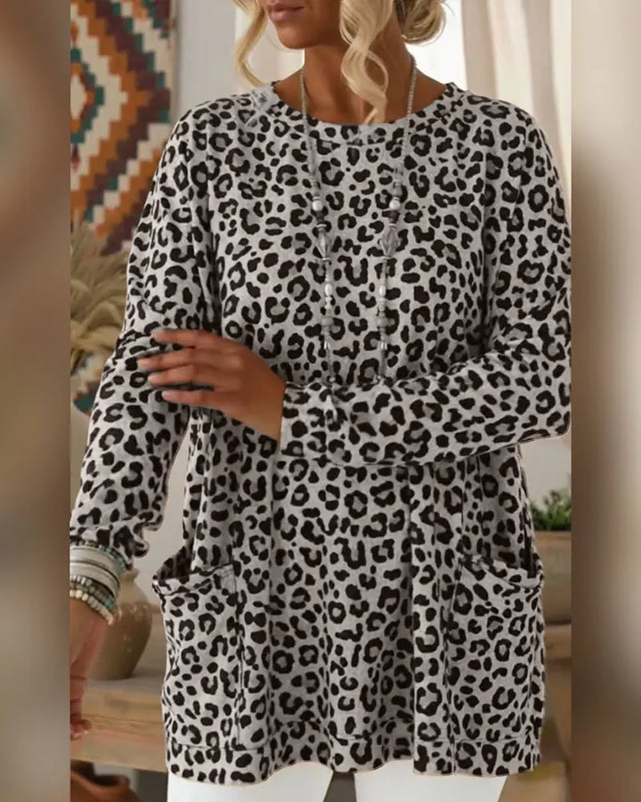 Primelia - Top de manga larga y tacto suave con estampado de leopardo