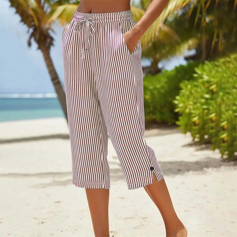 Roselina - Pantalón capri de rayas con cintura ajustable