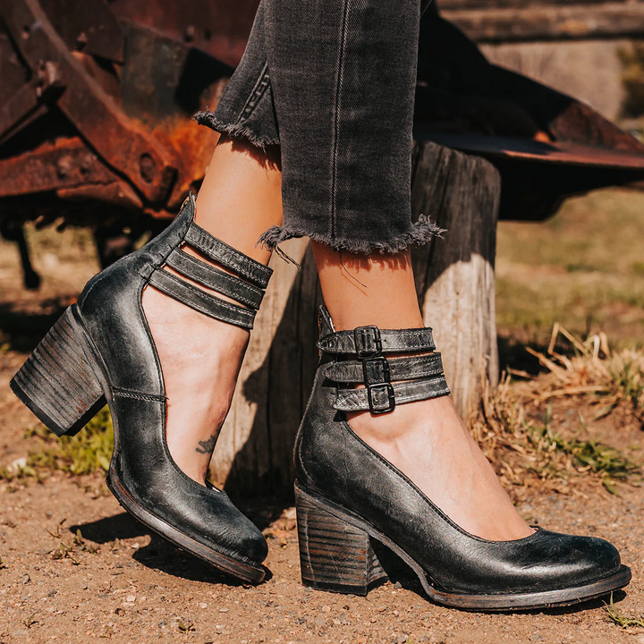 Philomena - Zapatos de tacón de cuero vintage con pulsera al tobillo